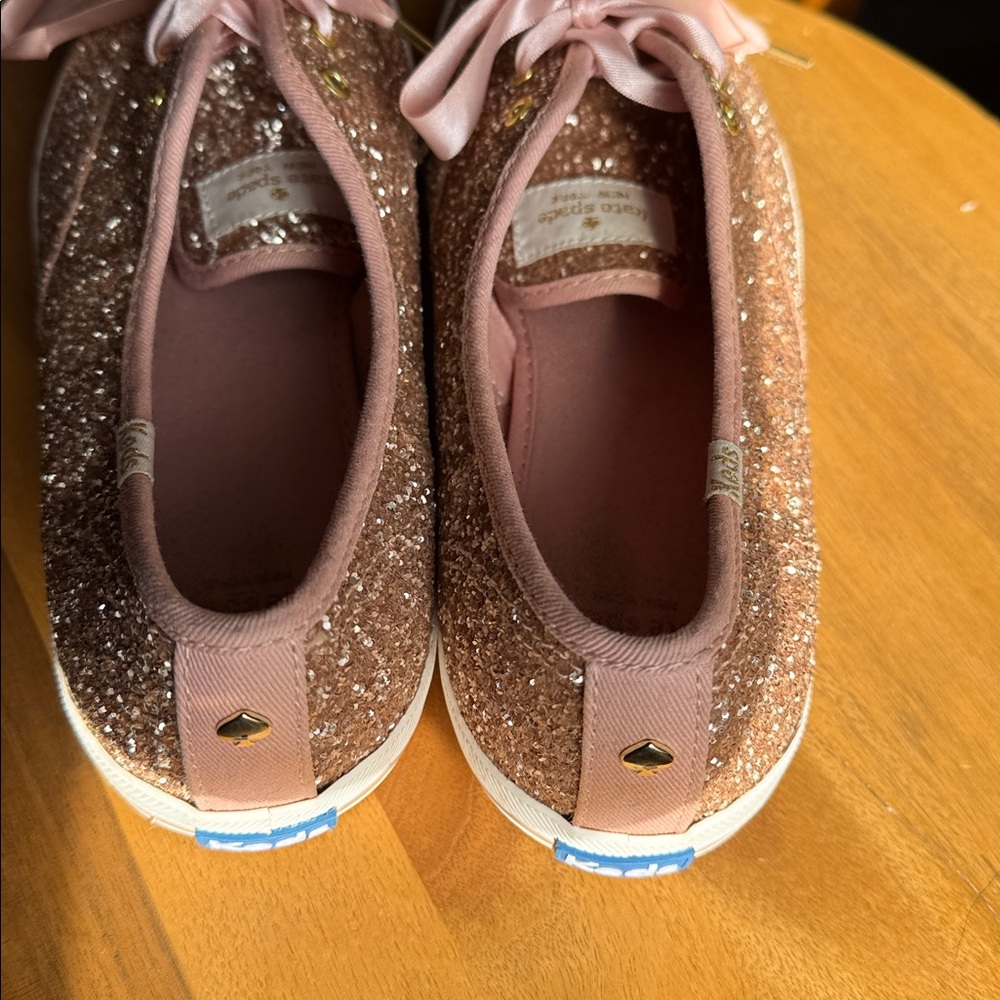 Keds Kate Spade New York Rose Gold Glitter Lace Up Sneakers satin bow blush pink - Picture 3 of 9